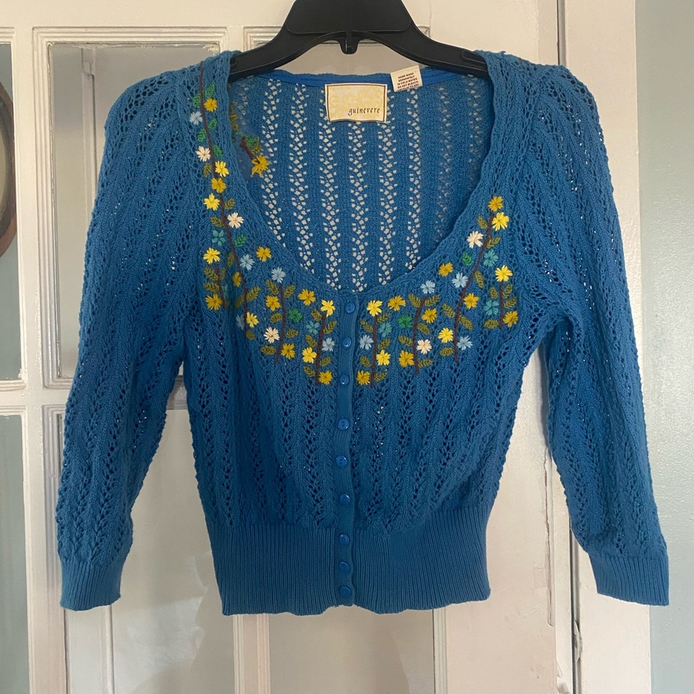 Anthropologie Guinevere Blue Cardigan with Floral Embroidery